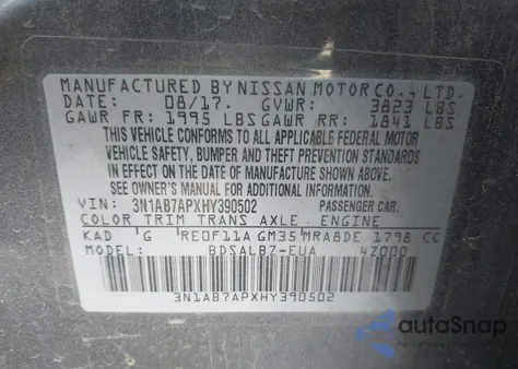 2017 Nissan Sentra S from USA, damaged, VIN 3N1AB7APXHY390502